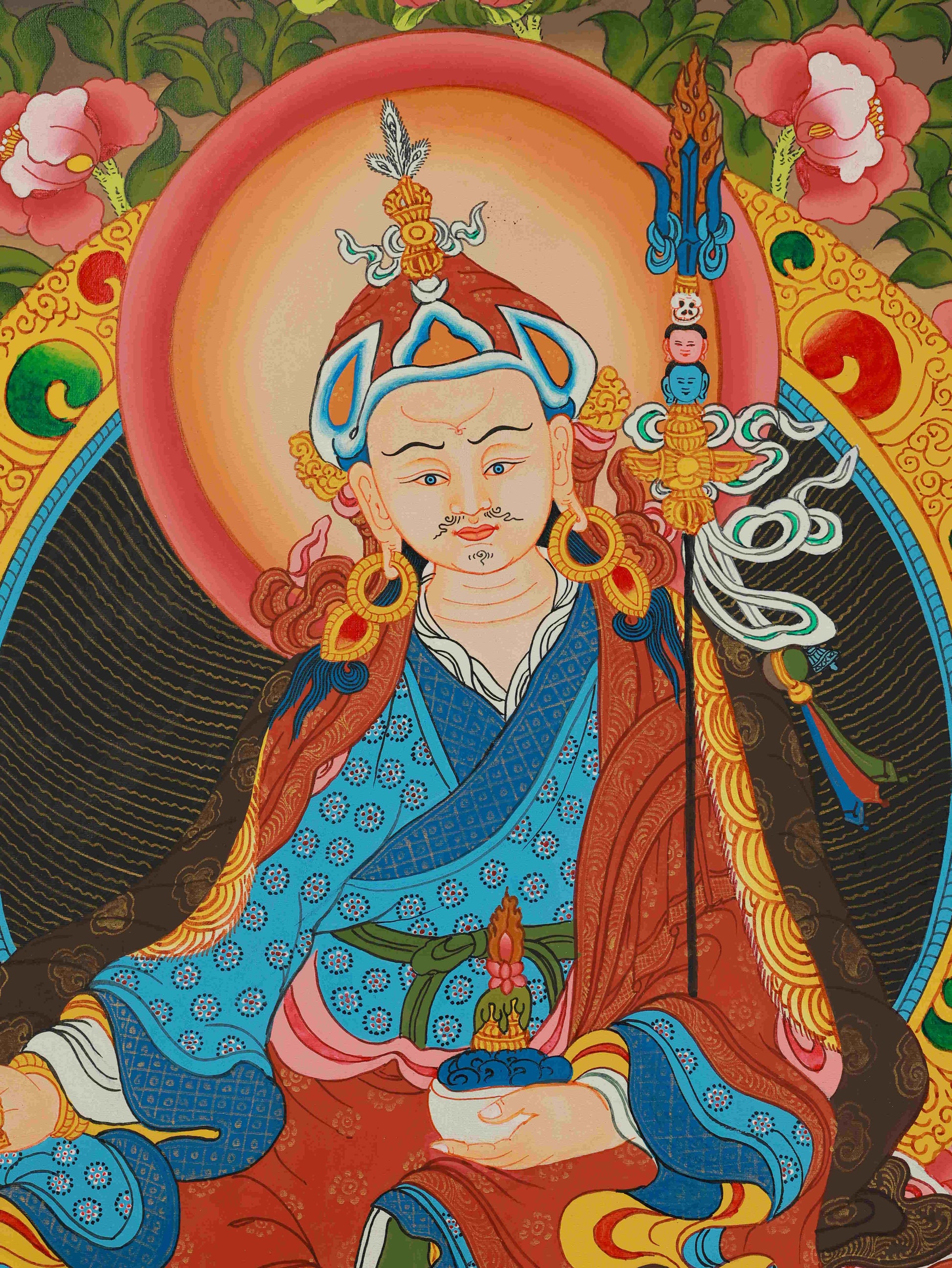 Handcrafted Tibetan-Buddhist Padmasambhava Thangka, painted with mineral colors on sacred thangka cloth, representing spiritual awakening and guidance.