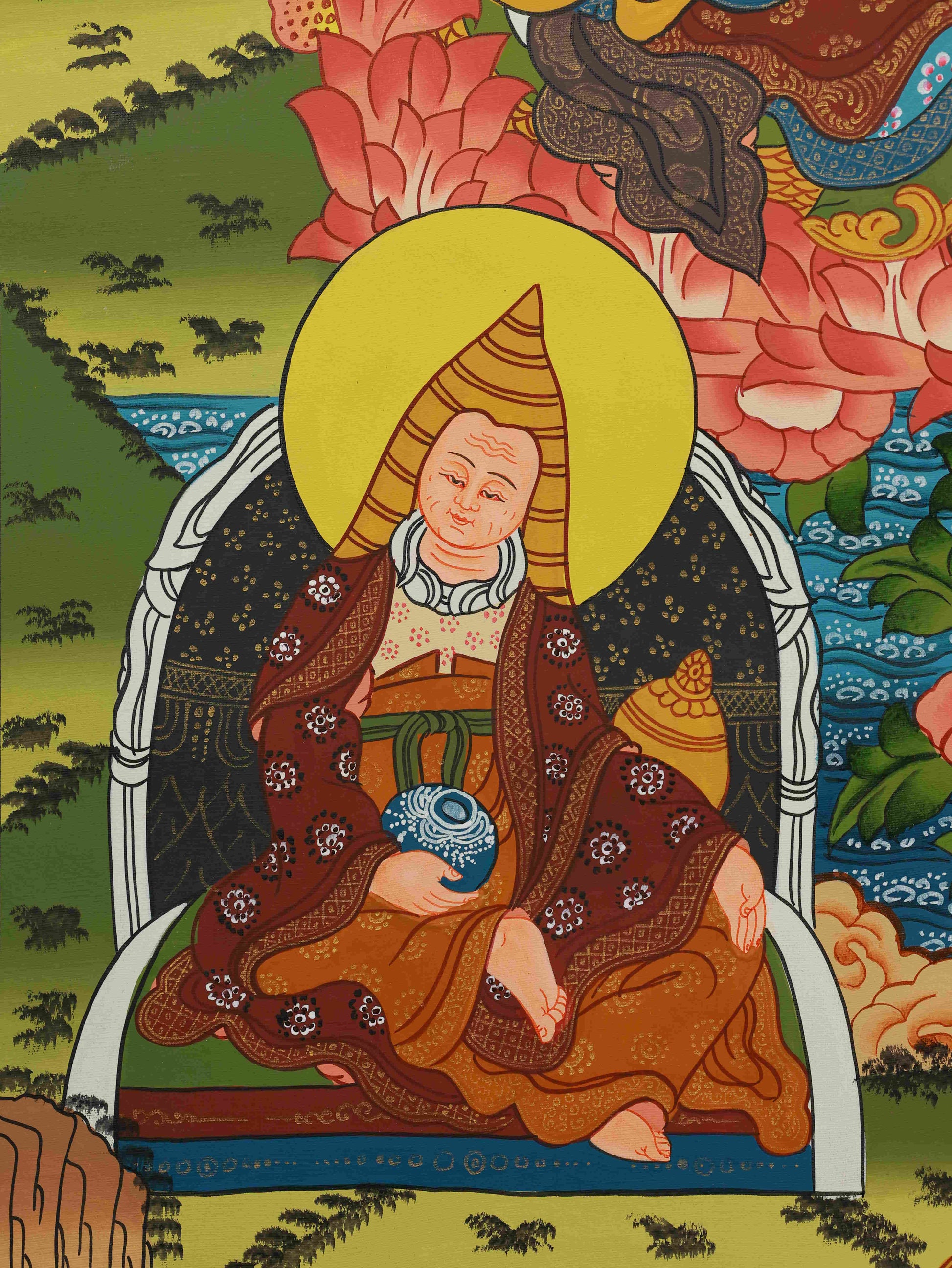 Padmasambhava Thangka on canvas, hand-painted Tibetan-Buddhist artwork showcasing Tibetan Buddha art style.