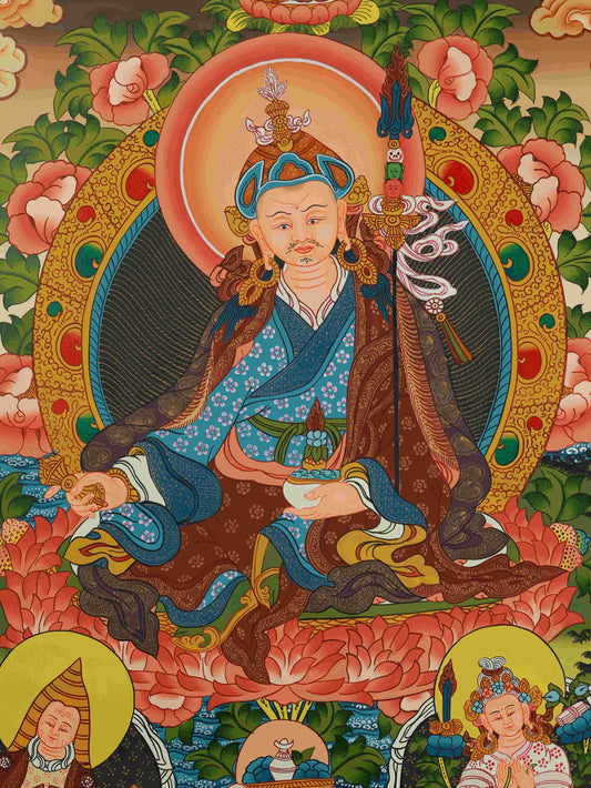 Hand-painted Tibetan-Buddhist Padmasambhava Thangka on canvas with mineral pigments, Tibetan Buddha art for meditation and spiritual practice.