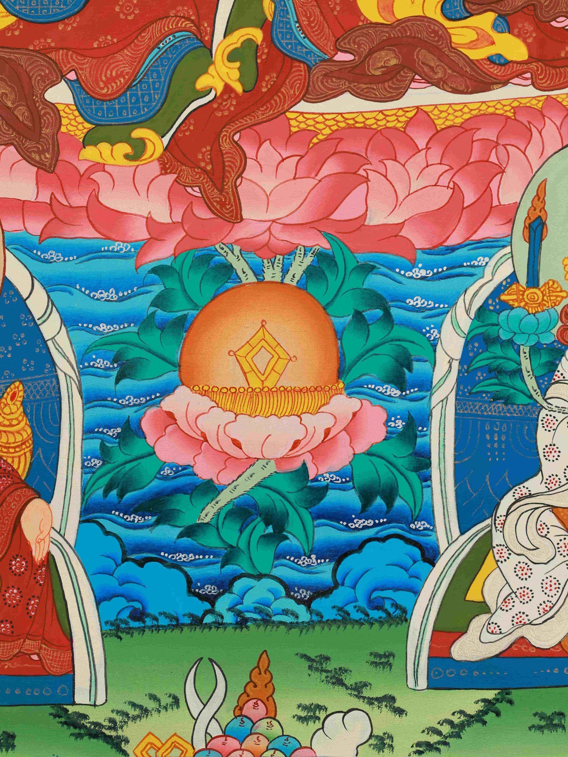 Tibetan Buddhist Padmasambhava Thangka with intricate details, handmade Buddha artwork