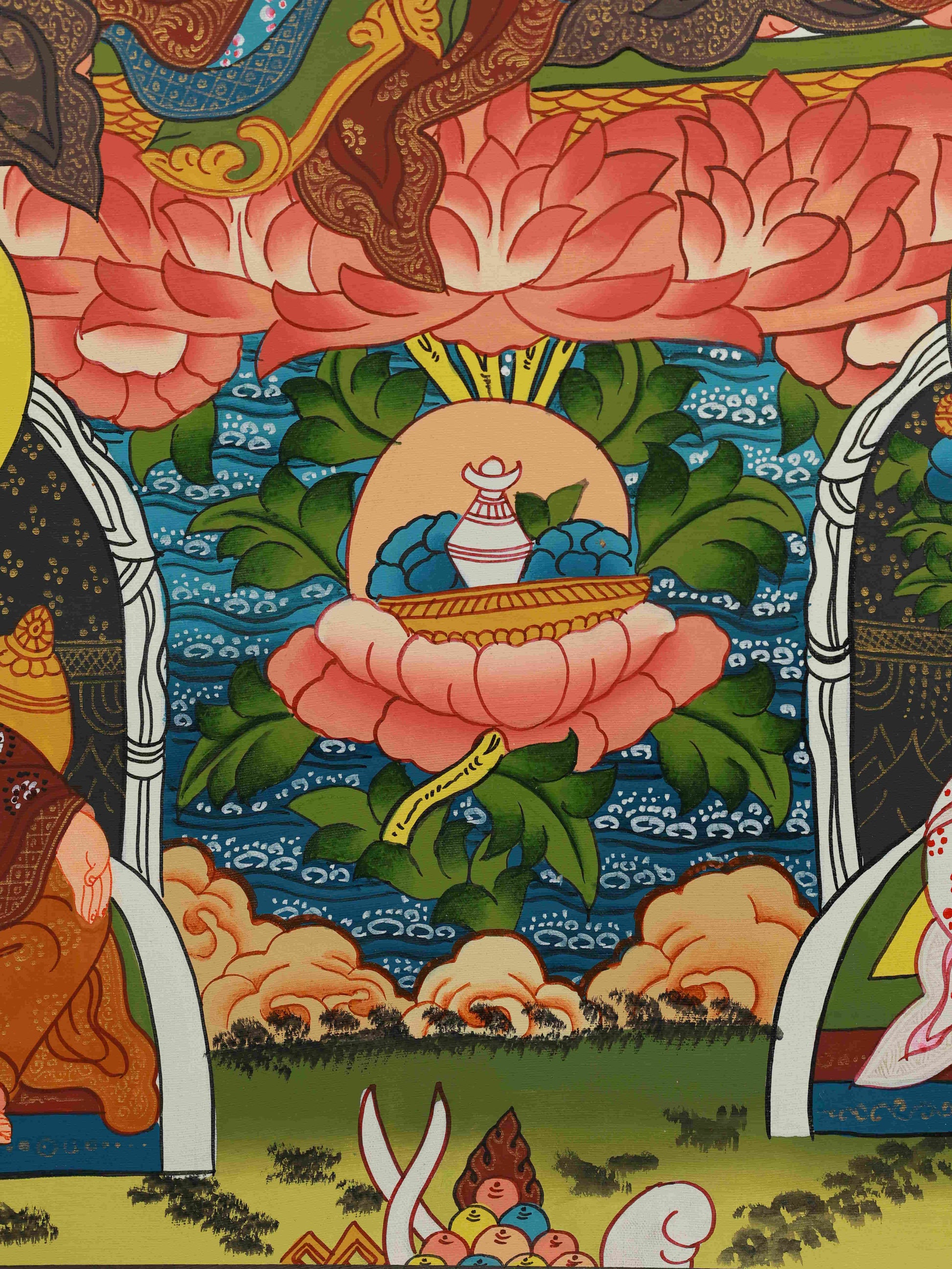 Handcrafted Padmasambhava Thangka, Tibetan-Buddhist artwork for spiritual awakening and home shrine.