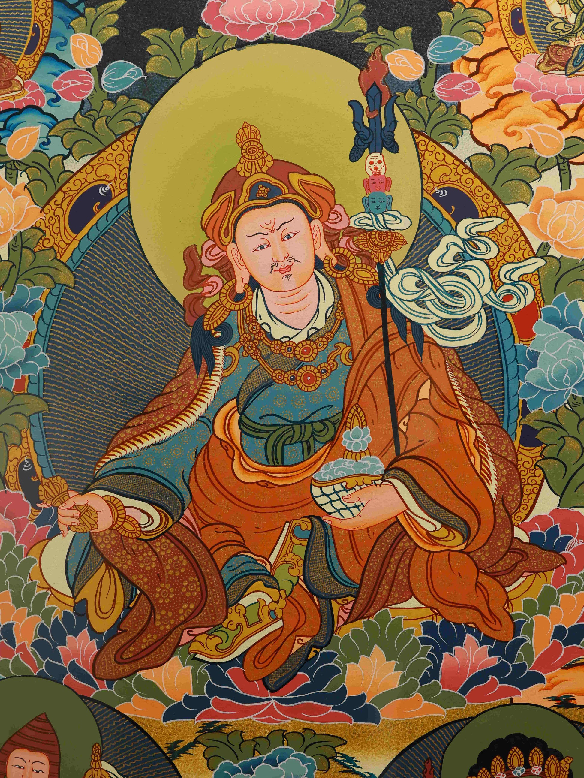 Hand-painted Tibetan Thangka of Padmasambhava, ideal for home or shrine display.