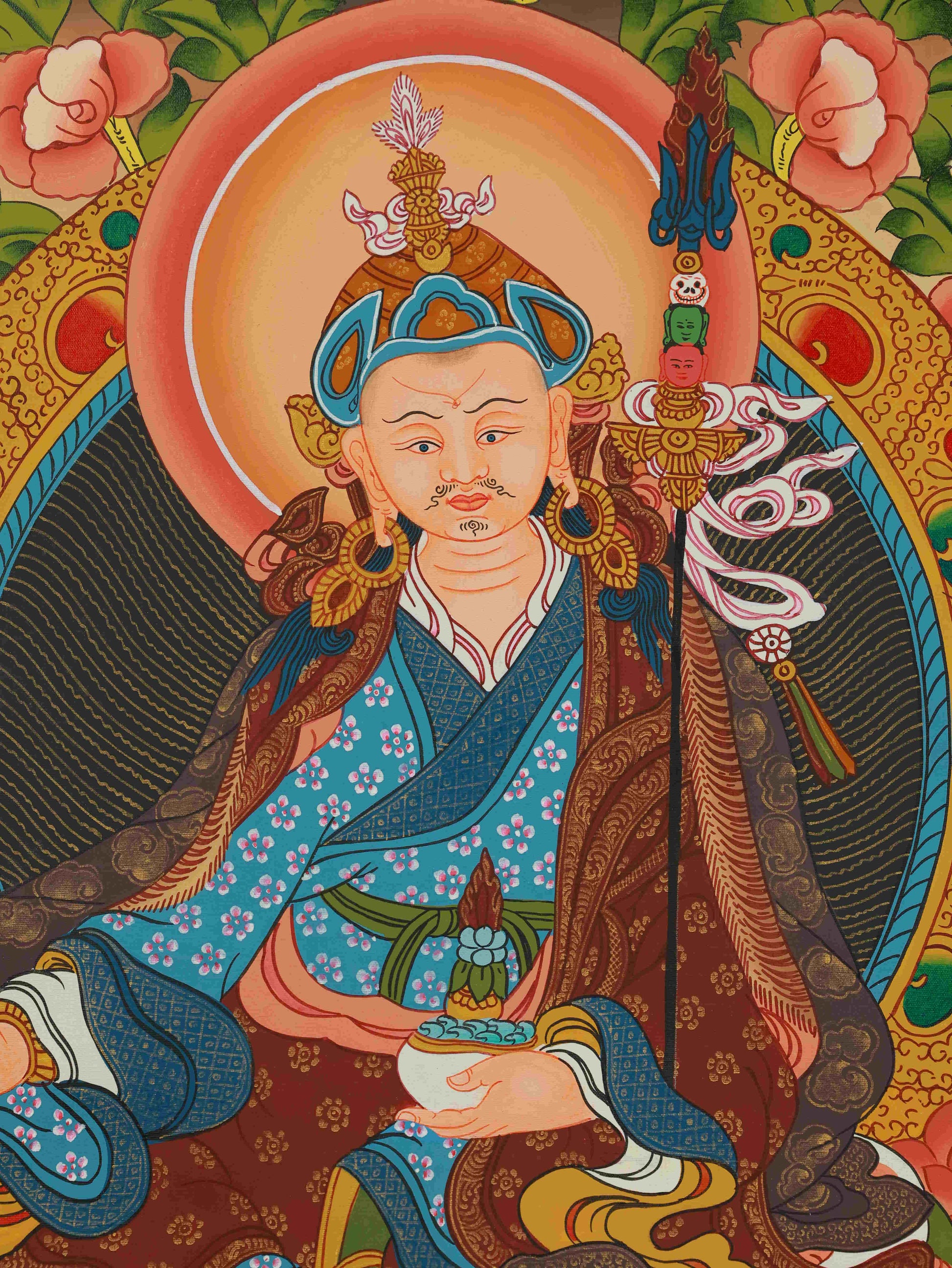 Vibrant Padmasambhava Thangka, hand-painted Tibetan-Buddhist canvas with traditional Tibetan Buddha art.