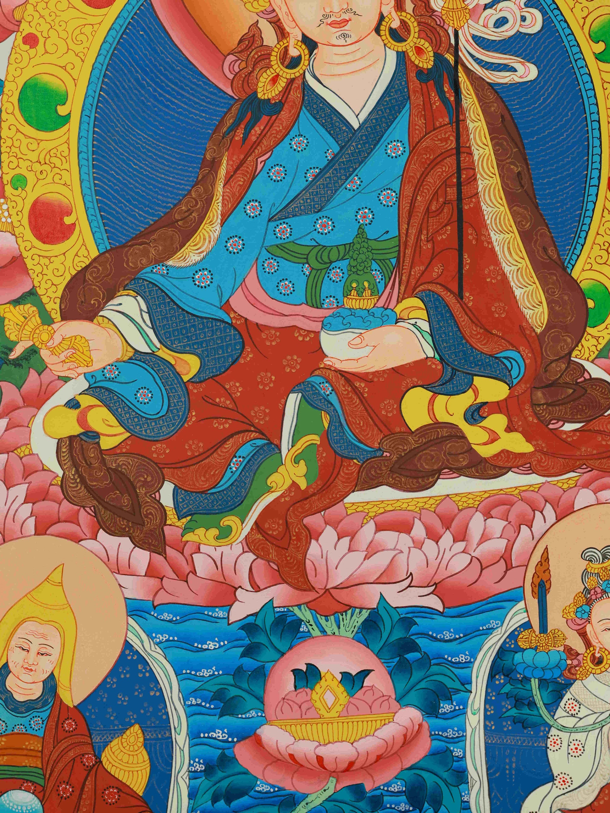 Tibetan Buddhist Thangka of Guru Rinpoche, handmade with fine brushwork and mineral pigment, a perfect piece of sacred Buddha art.
