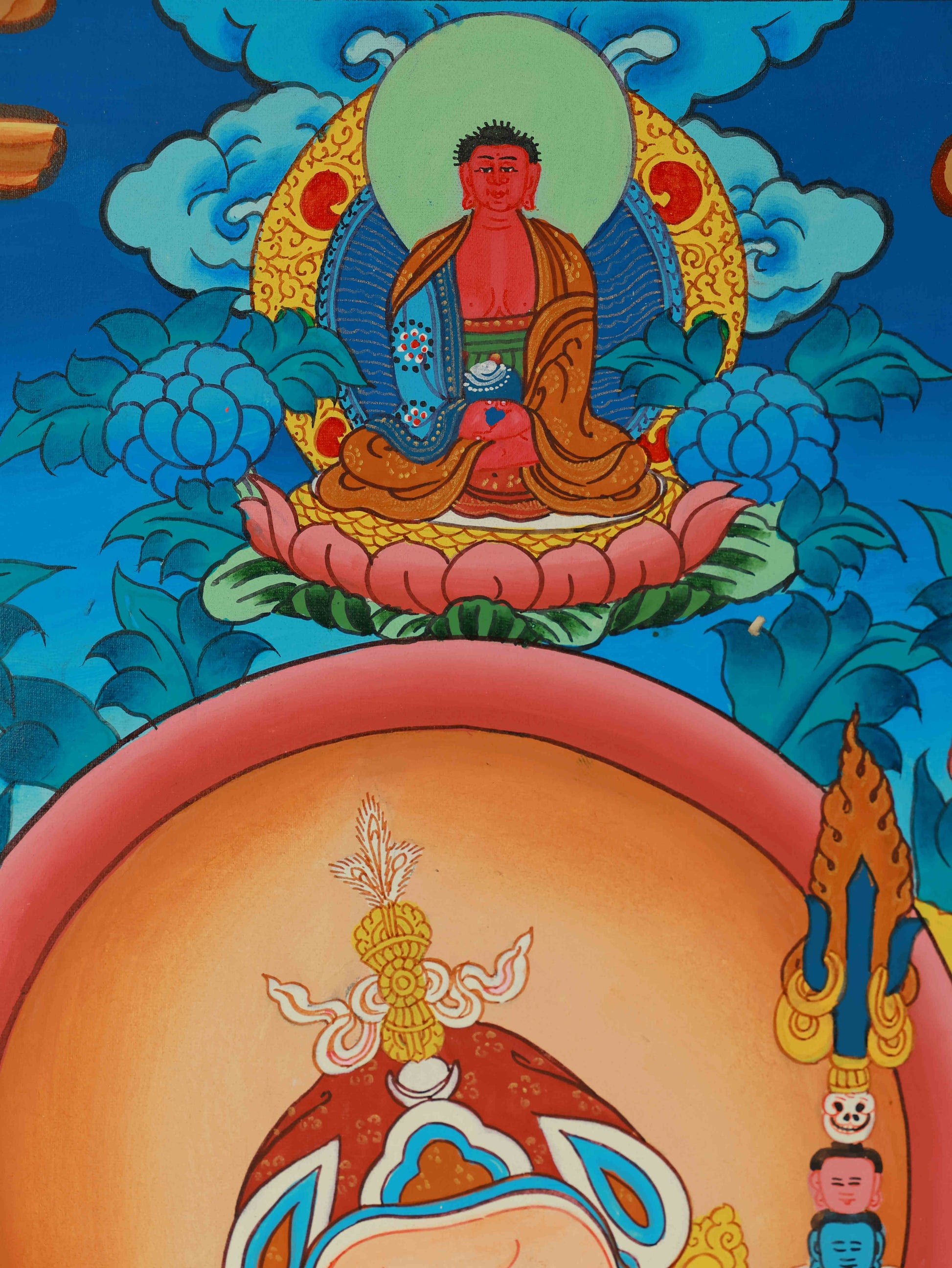 Pure hand-painted Tibetan Buddha art Thangka of Padmasambhava, crafted on thangka canvas using traditional Himalayan painting techniques.