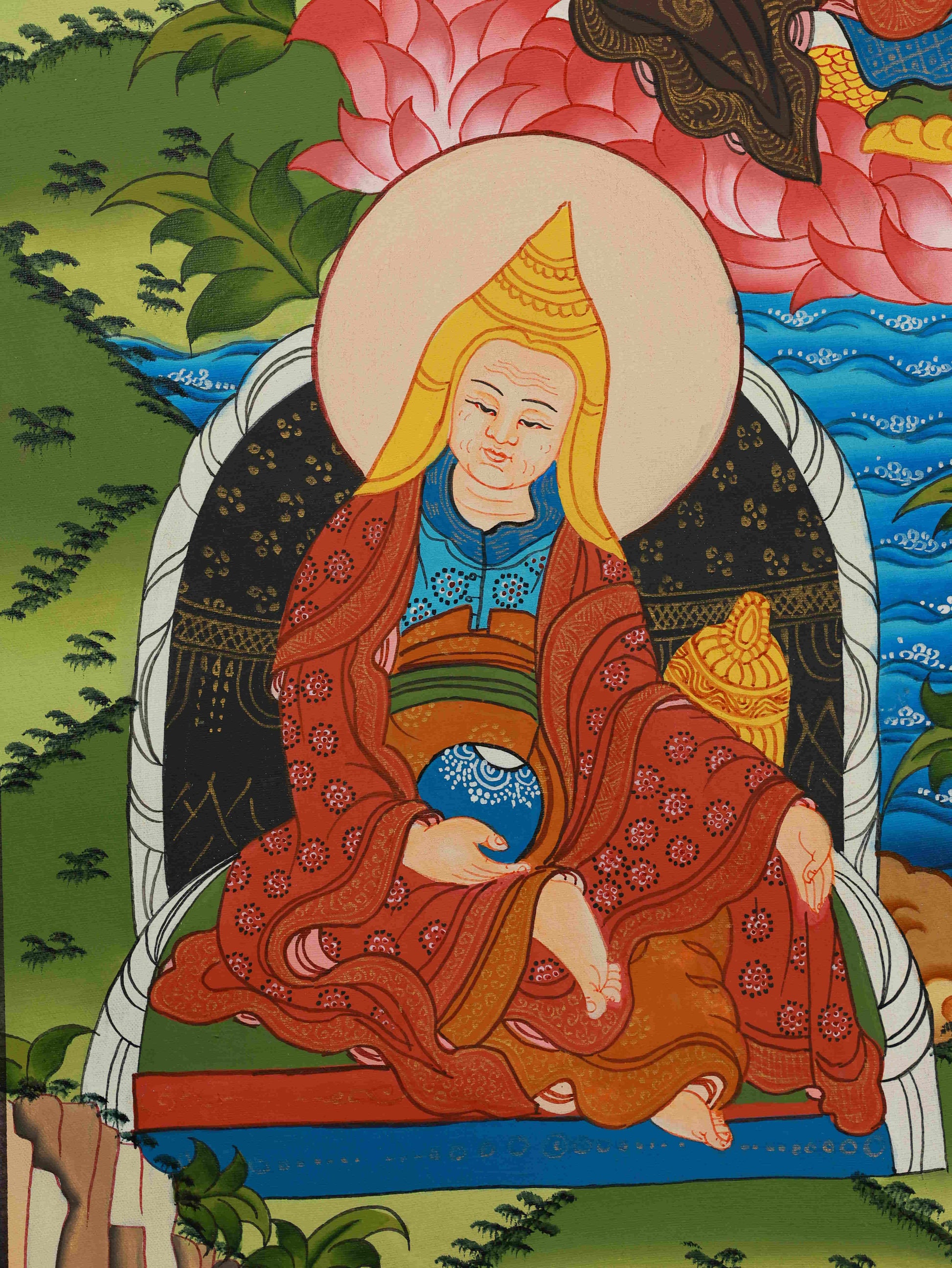 Tibetan-Buddhist Padmasambhava Thangka painting, pure hand-painted Buddha art on thangka canvas, symbolizing wisdom and protection from obstacles.
