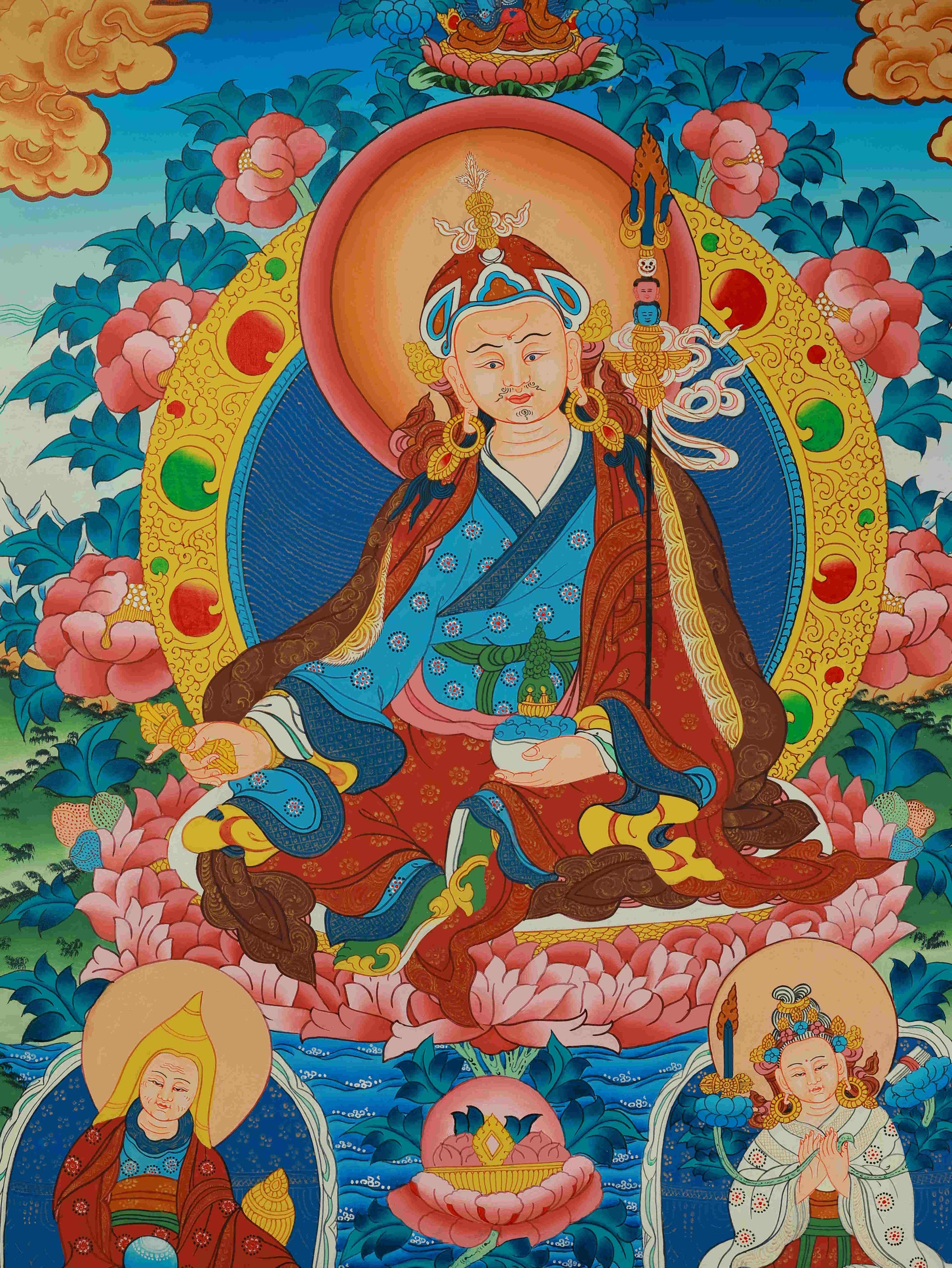 Guru Rinpoche Thangka painting, Tibetan Buddhist artwork symbolizing wisdom, protection, and spiritual awakening.