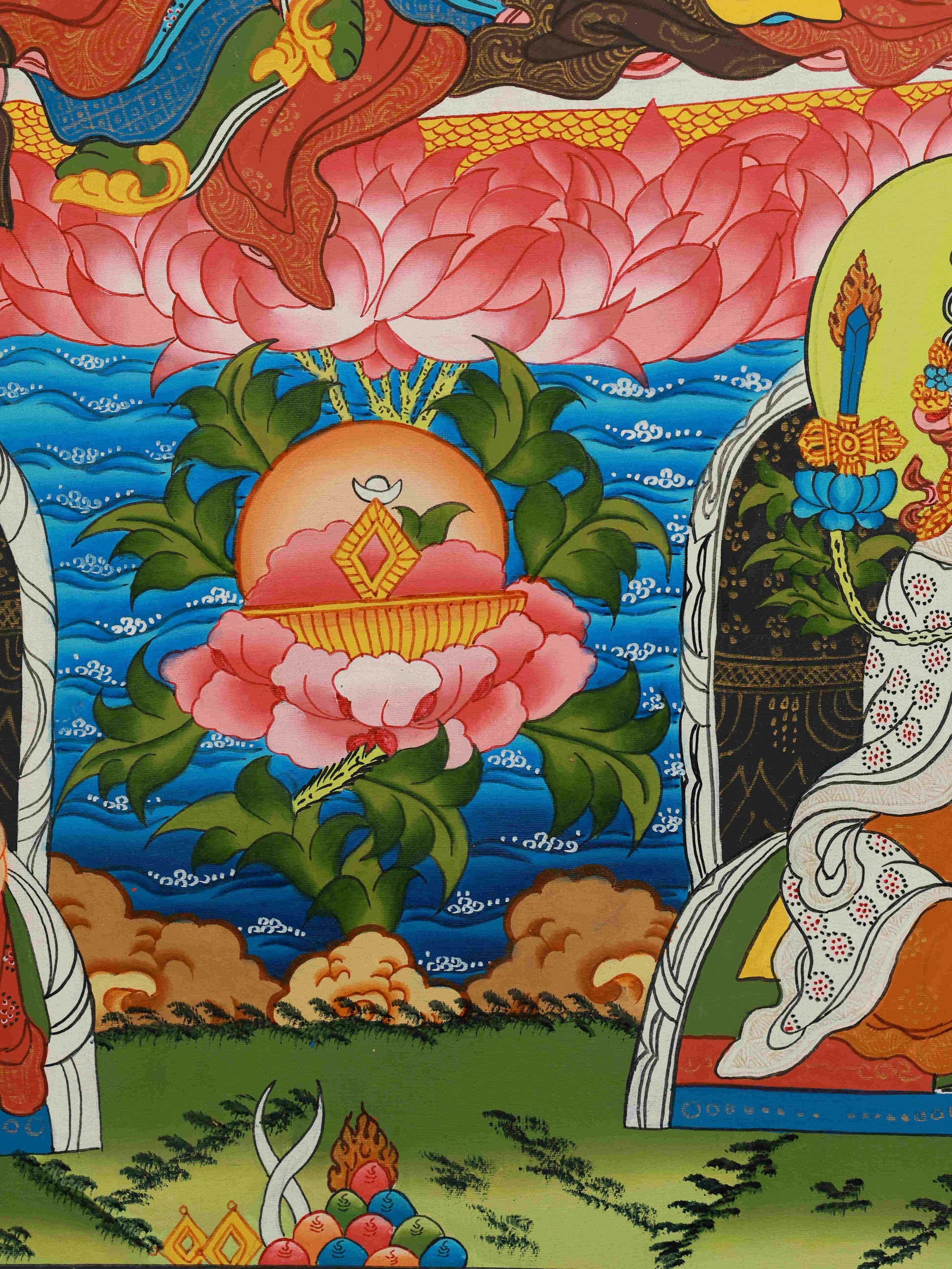 Tibetan-Buddhist Guru Rinpoche Thangka, handmade with mineral pigments, representing the essence of Tibetan Buddha art and spiritual transformation.