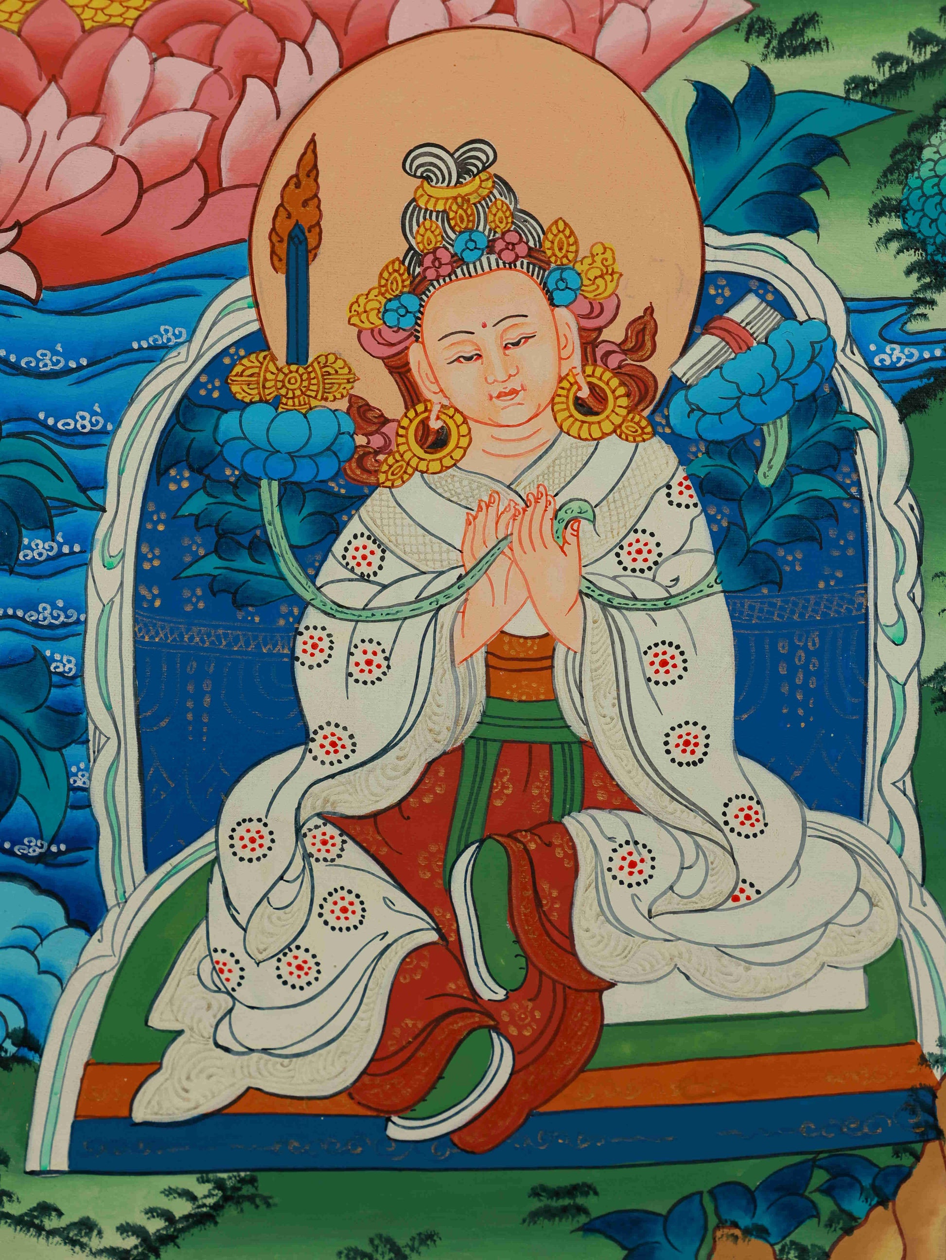 Handcrafted Padmasambhava Thangka with mineral pigments, Tibetan Buddha art that embodies blessings and divine energy.
