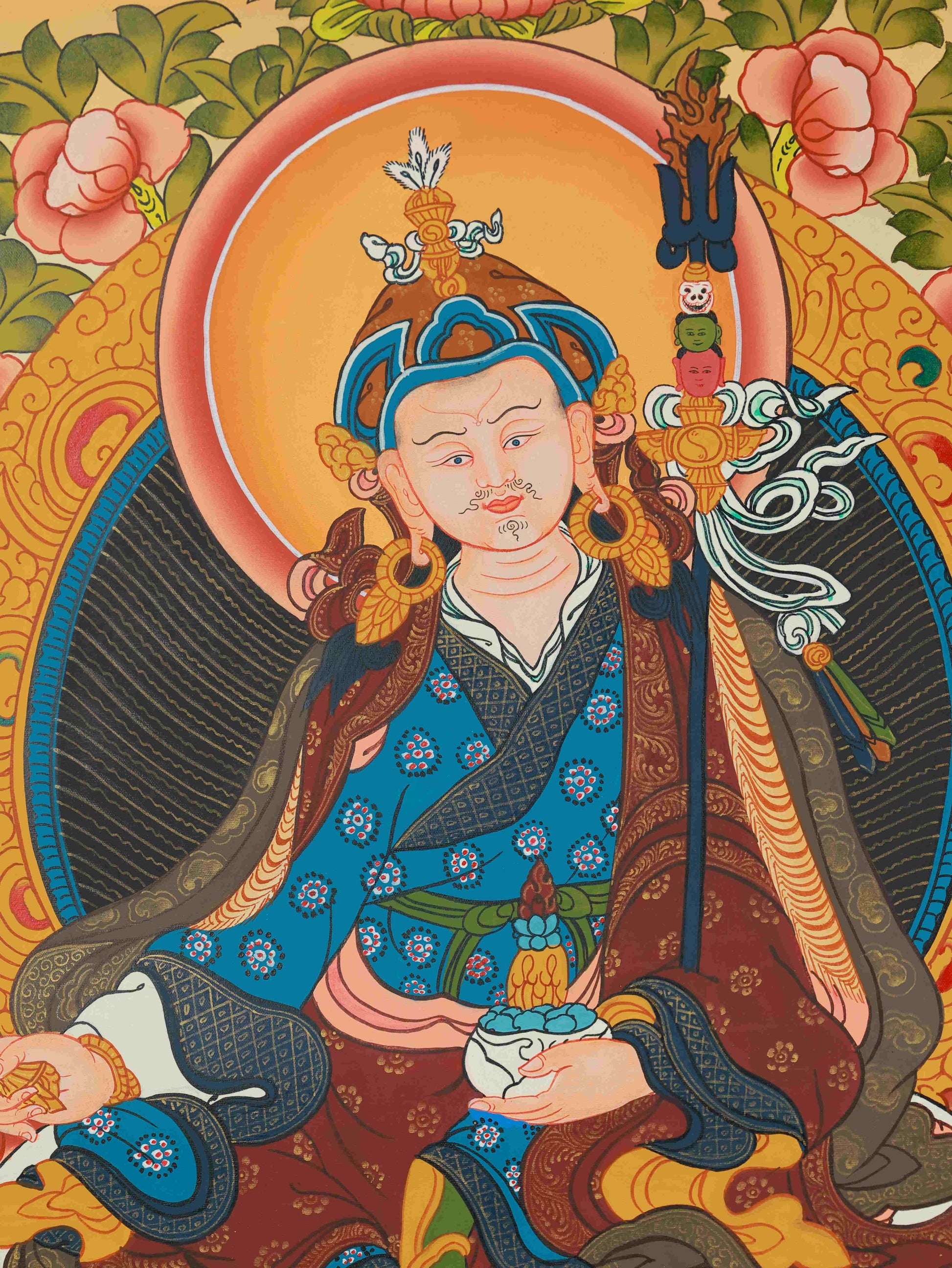 Hand-painted Guru Rinpoche Thangka, authentic Tibetan-Buddhist Buddha art created using ancient thangka painting techniques.