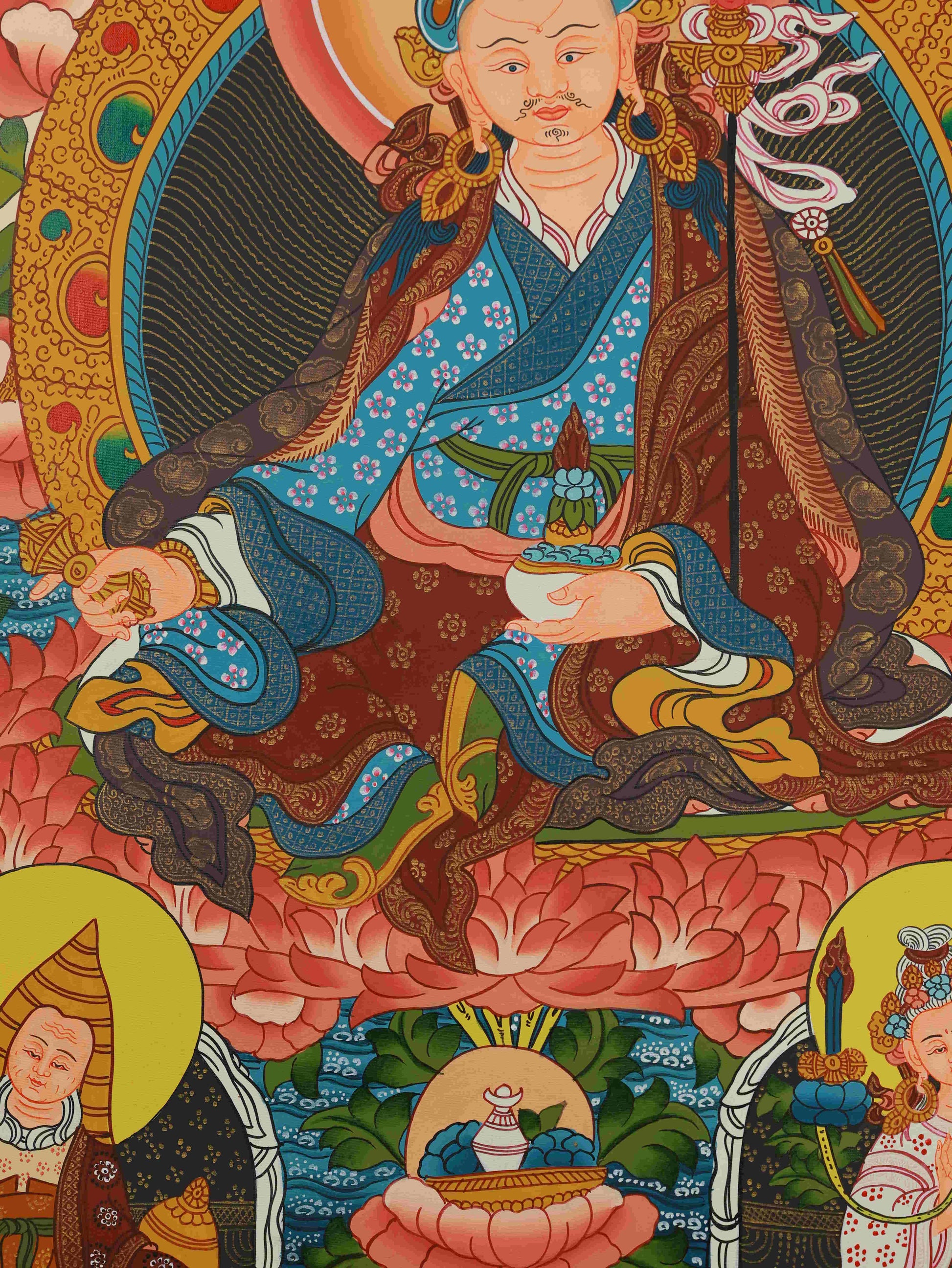 Authentic Padmasambhava Thangka, handcrafted Tibetan-Buddhist painting featuring sacred Tibetan Buddha art.