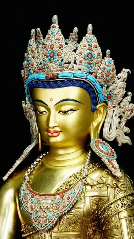 Purple copper Shakyamuni Buddha statue with gilded crown, Tibetan Buddhist statue crafted by hand with detailed painting, ideal for home altars and wellness spaces.