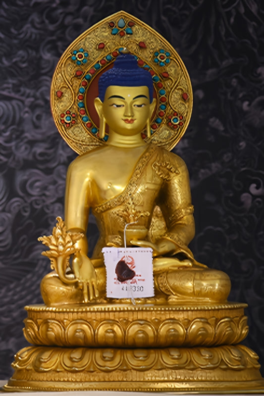 Tibetan-Buddhist Shakyamuni and Three Buddhas statue, handcrafted copper sculpture with mineral pigments, Tibetan Buddha art.