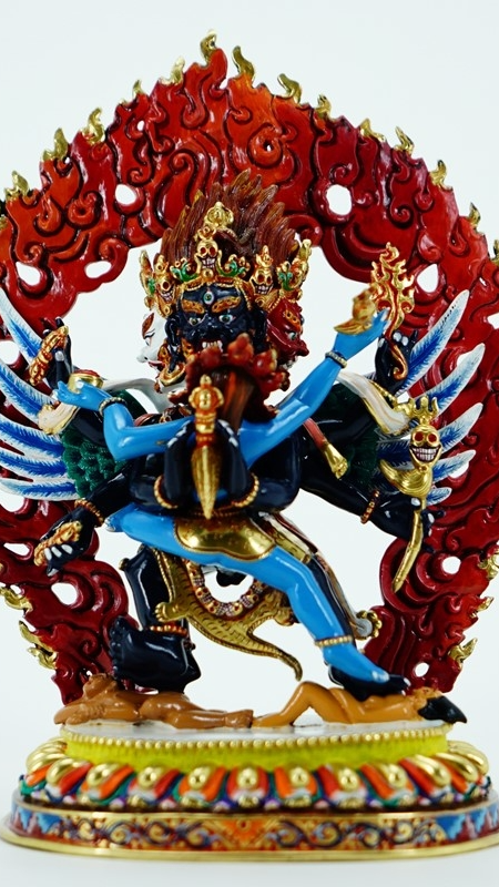 Hand-painted Vajrakilaya Phurba statue with mineral pigments, handcrafted Tibetan Buddhist statues and expressive Buddha Statue-Art.