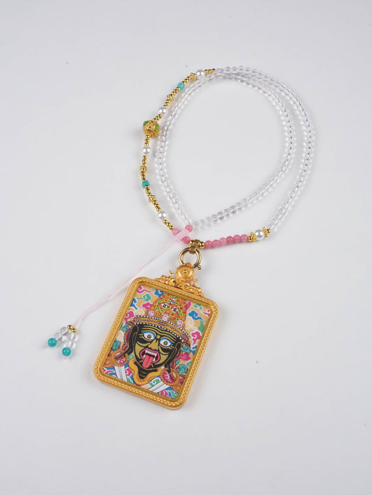 Handmade Tibetan Buddhist Zachyi Lhamo Thangka Ga’u Pendant, painted on thangka canvas with mineral pigments for protection and prosperity.