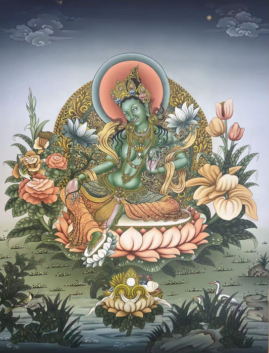 Handpainted Green Tara Thangka Painting with Mineral Pigments - Tibetan Buddhist Artwork