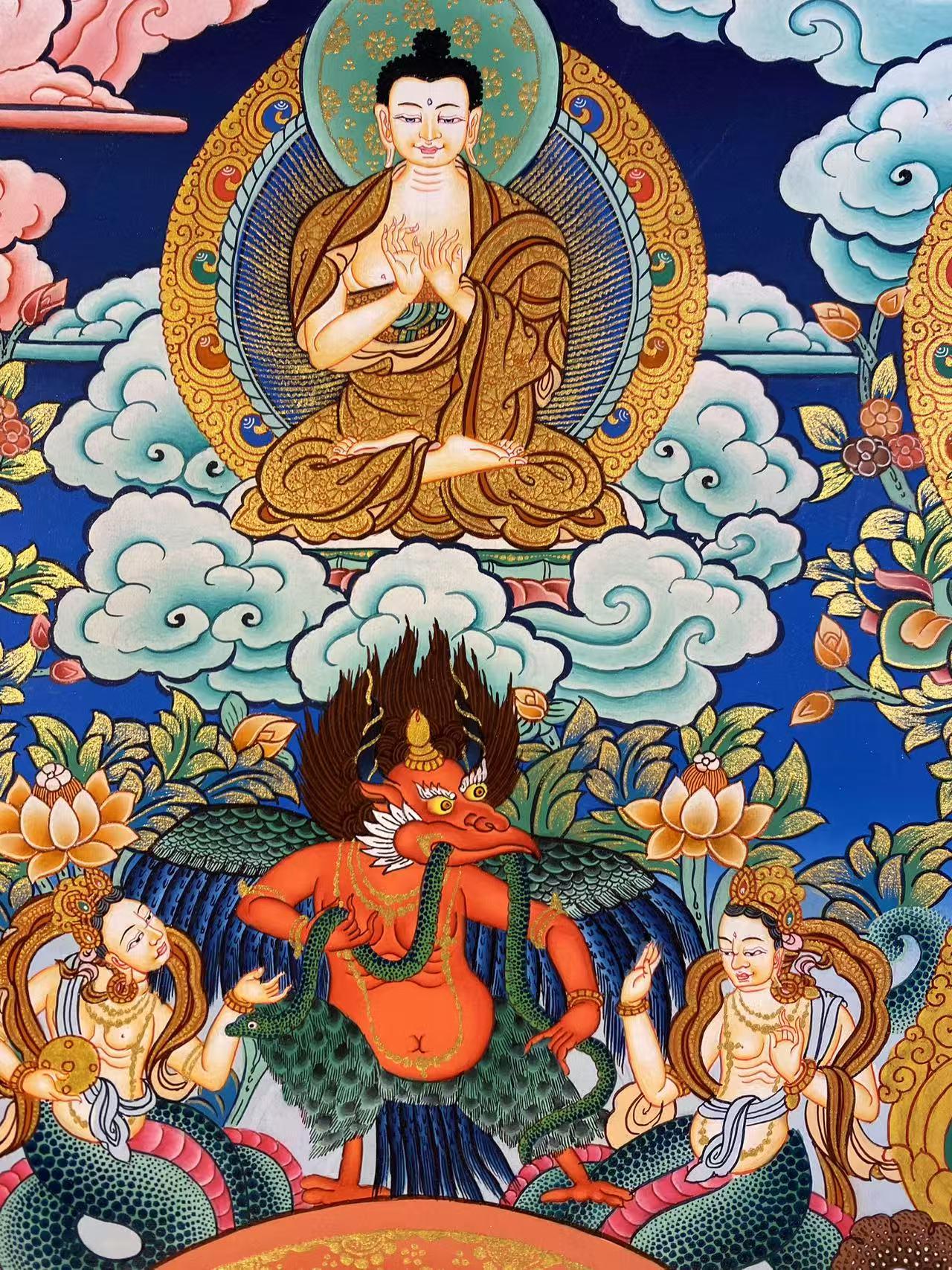 Handmade Green Tara thangka painting, tibetan-buddhist Tibetan thangka wall art with sacred symbolism.