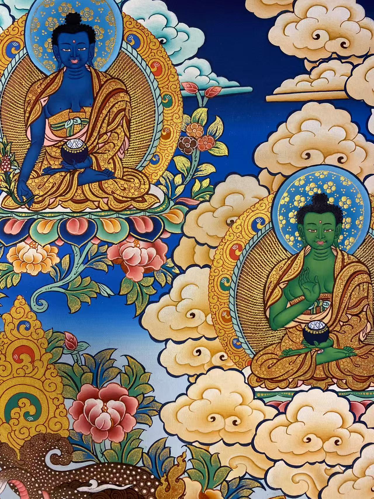 Tibetan-buddhist Green Tara thangka painting on canvas, hand-painted with mineral pigments, spiritual home decor.