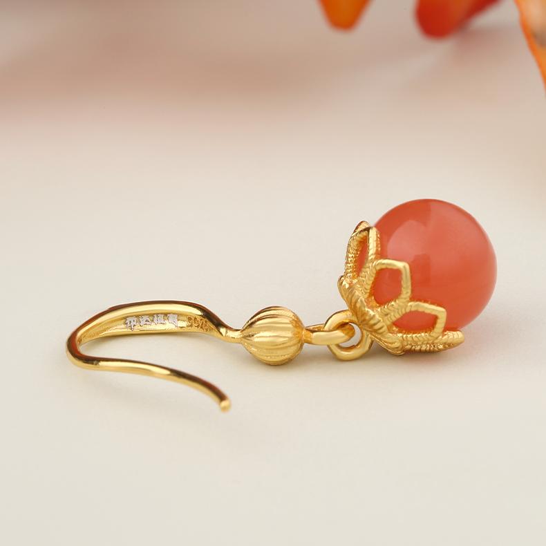 "Tibetan Buddhist Xiaoqingjing earrings with 925 silver and South Red Coral, representing inner peace and spiritual clarity."