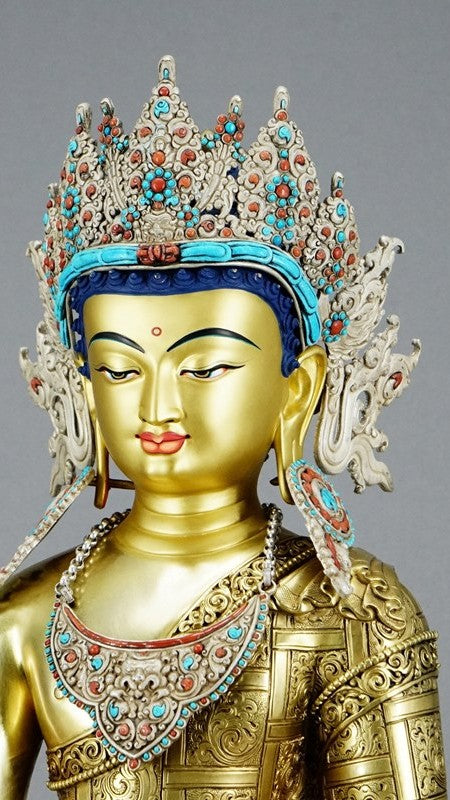 Purple copper Shakyamuni Buddha statue with gilded crown, Tibetan Buddhist statue crafted by hand with detailed painting, ideal for home altars and wellness spaces.