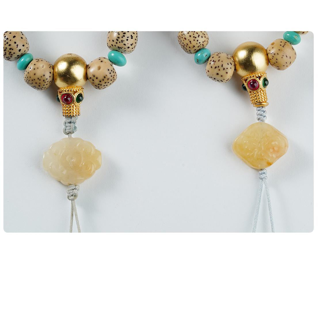 Qinghuan Bodhi mala with amber and turquoise, symbolizing peace and happiness
