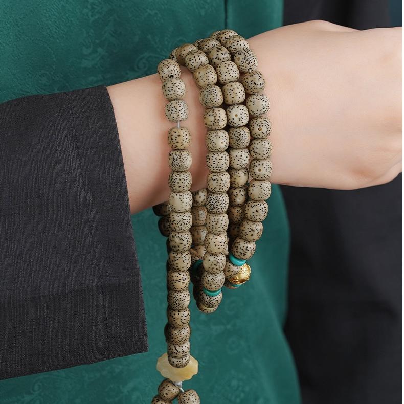 Qinghuan Tibetan Buddhist Bodhi necklace with amber, jade, and turquoise