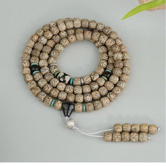 Tibetan Buddhist jade amulet necklace with Bodhi beads and silver accents