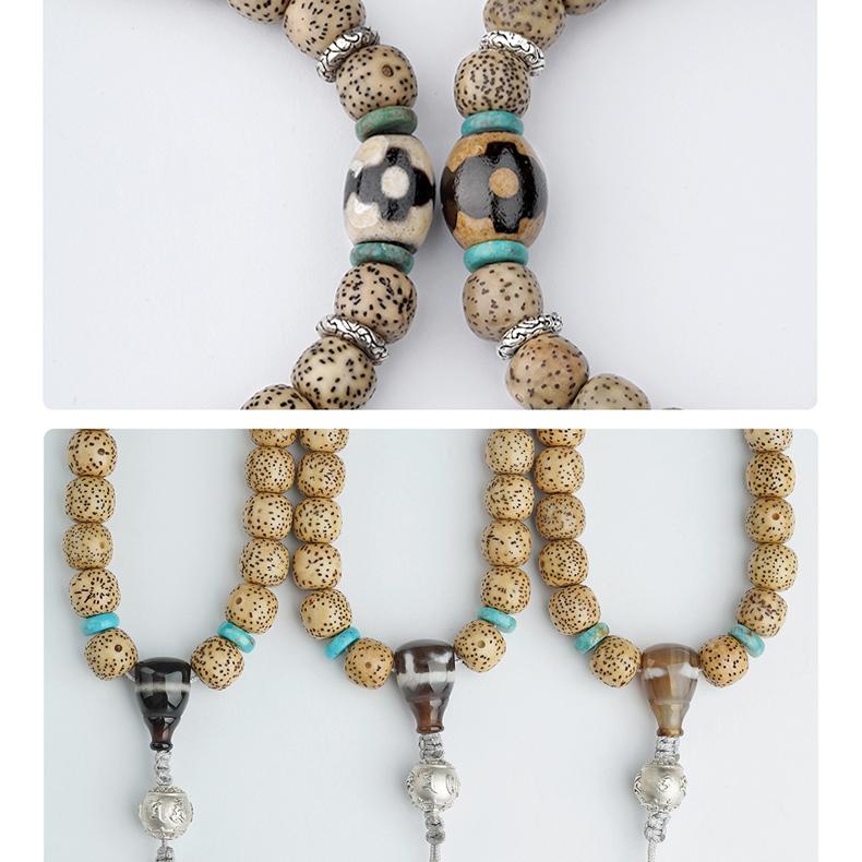 Detail of Qinghuan Tibetan Buddhist Bodhi necklace with amber and jade craftsmanship