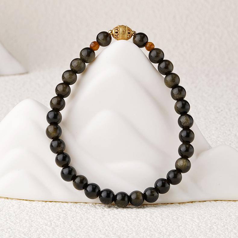 Handmade Tibetan-Buddhist Moxingchen Golden Obsidian and crystal bracelet with 925 silver wisdom-eye bead
