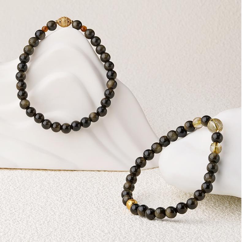 Tibetan-Buddhist mala-style Yeminghui Golden Obsidian bracelet with silver wisdom-eye bead