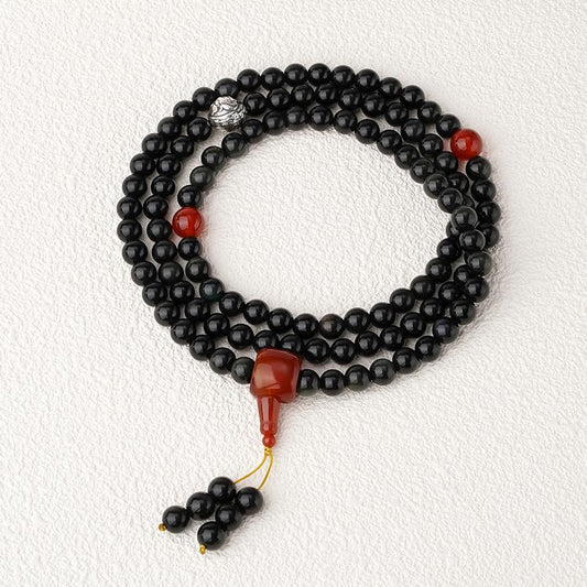 Handmade Tibetan Buddhist 108 mala with rainbow obsidian beads, agate accents and silver amulet.