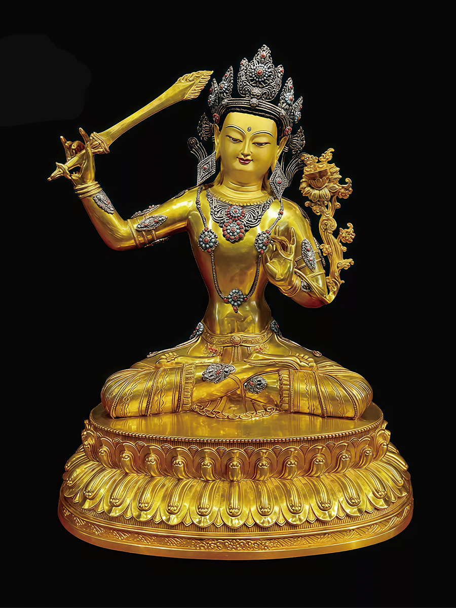 Exquisite real gold-gilded Manjushri Bodhisattva statue, a pinnacle of Tibetan Buddhist statues and Buddha Statue-Art for home protection.