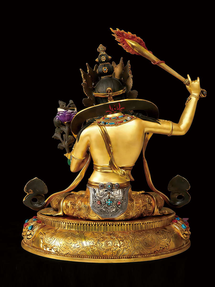 Sacred gold-finished Manjushri symbolizing supreme wisdom and clarity, a masterpiece of Buddha Statue-Art.