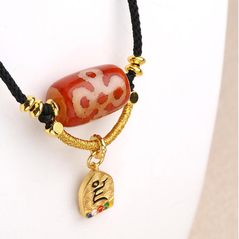 Red Agate Dzi Bead Necklace with Five-Eye Symbolism and Copper Ornament
