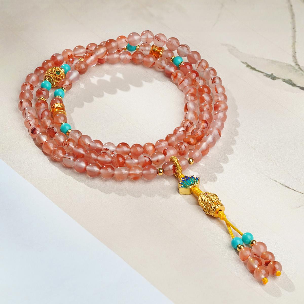 Red agate Tibetan Buddhist mala with glass beads and copper accents handcrafted jewelry.