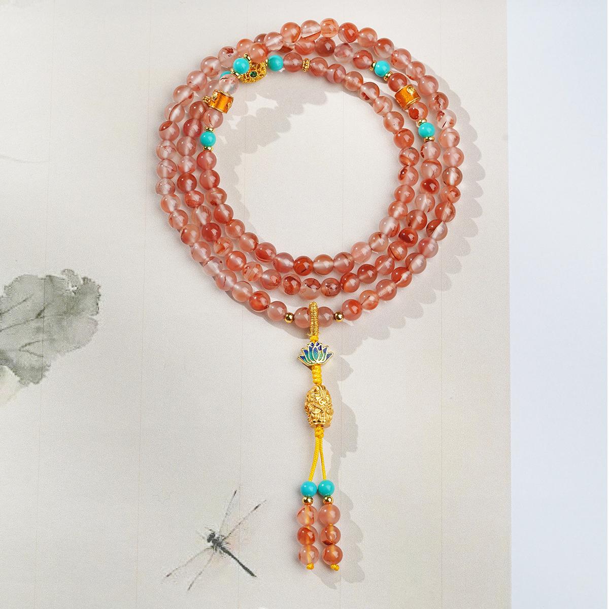 Red agate Tibetan Buddhist mala with glass beads and copper accents handcrafted jewelry.