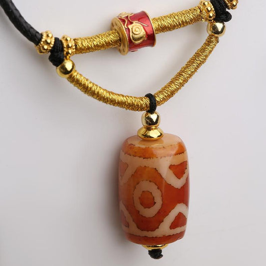 Tibetan Buddhist red carnelian three-eye agate pendant necklace inspired by Thangka painting, handmade spiritual jewelry for protection and meditation.
