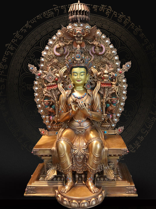 "Tibetan Buddhist Jampa Maitreya Buddha statue in red copper, antique gilded finish, hand-carved details."