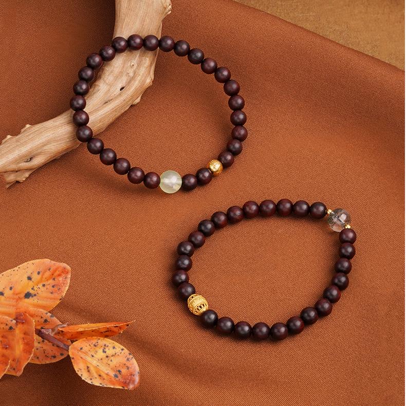Natural red sandalwood and prehnite gemstone bracelet in Tibetan jewelry style