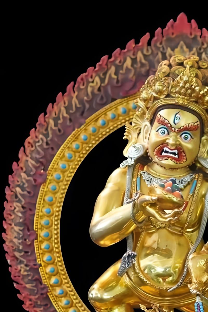 Copper Black Jambhala ritual figure in Tibetan Buddhist art, a meticulously hand-painted sculpture.