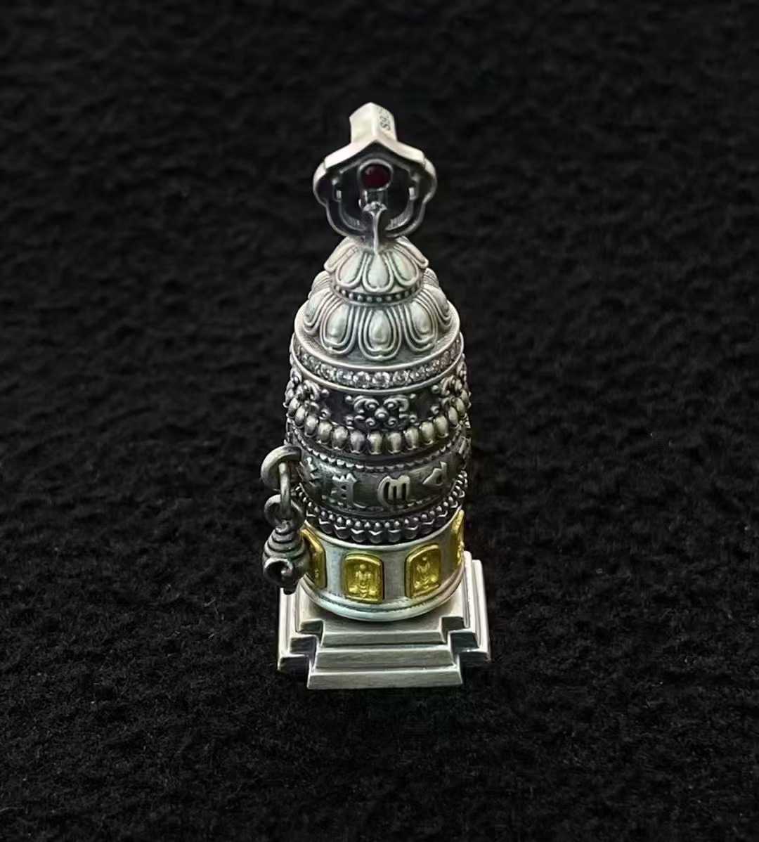 S925 silver prayer wheel pendant featuring engraved Om Mani Padme Hum mantra