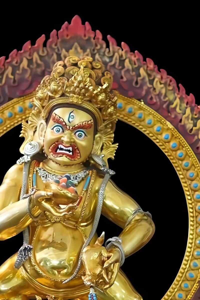 Tibetan Buddhist Buddha statue of Black Jambhala, handmade from copper with mineral pigment, representing sacred Buddhist art.


