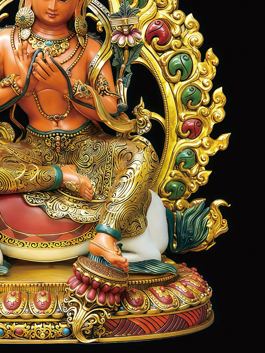 Sacred colorful Manjushri icon symbolizing supreme wisdom and mental clarity, a unique piece of Buddha Statue-Art.
