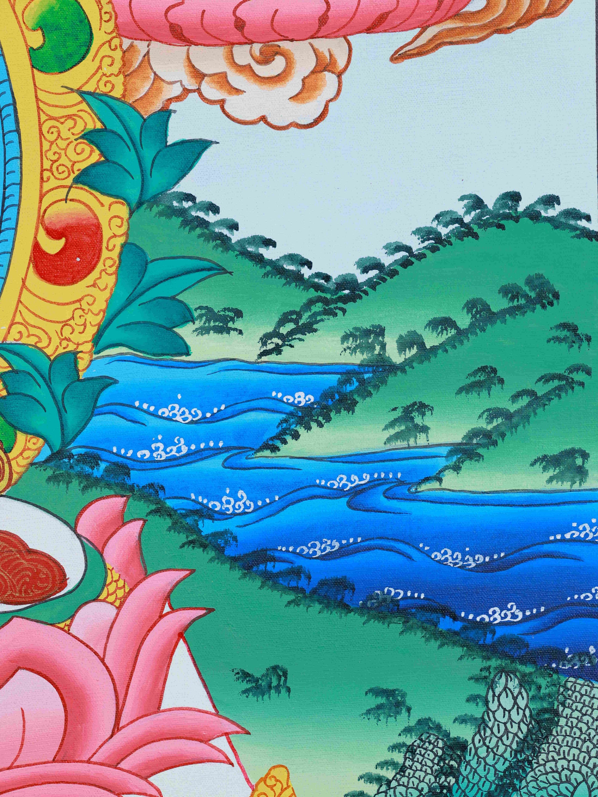 Canvas Thangka painting of Medicine Buddha, a Tibetan Buddhist fine art piece radiating healing energy.