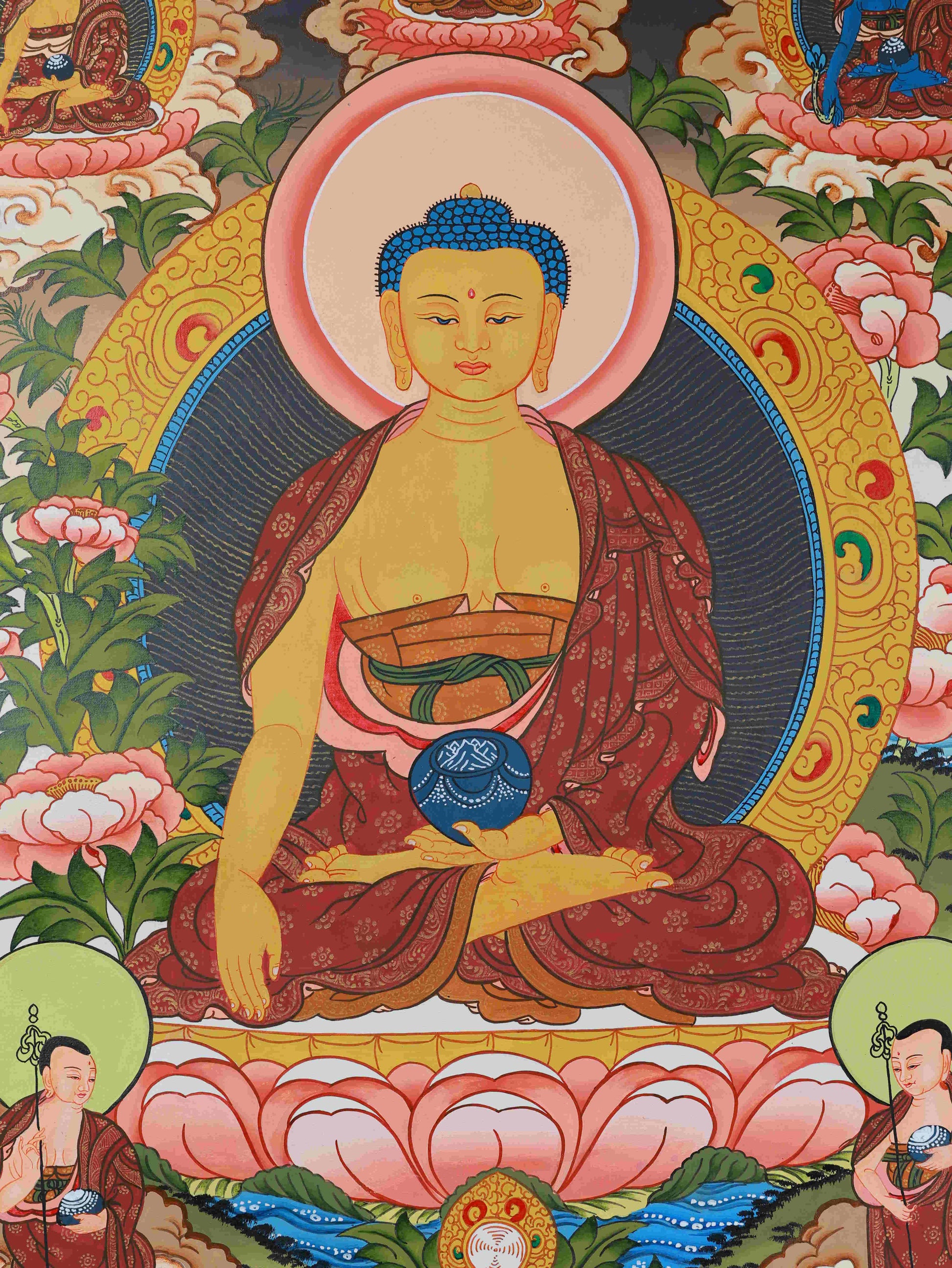 Spiritual Tibetan Buddhist artwork featuring Shakyamuni Buddha Thangka, radiating wisdom, peace, and compassion.