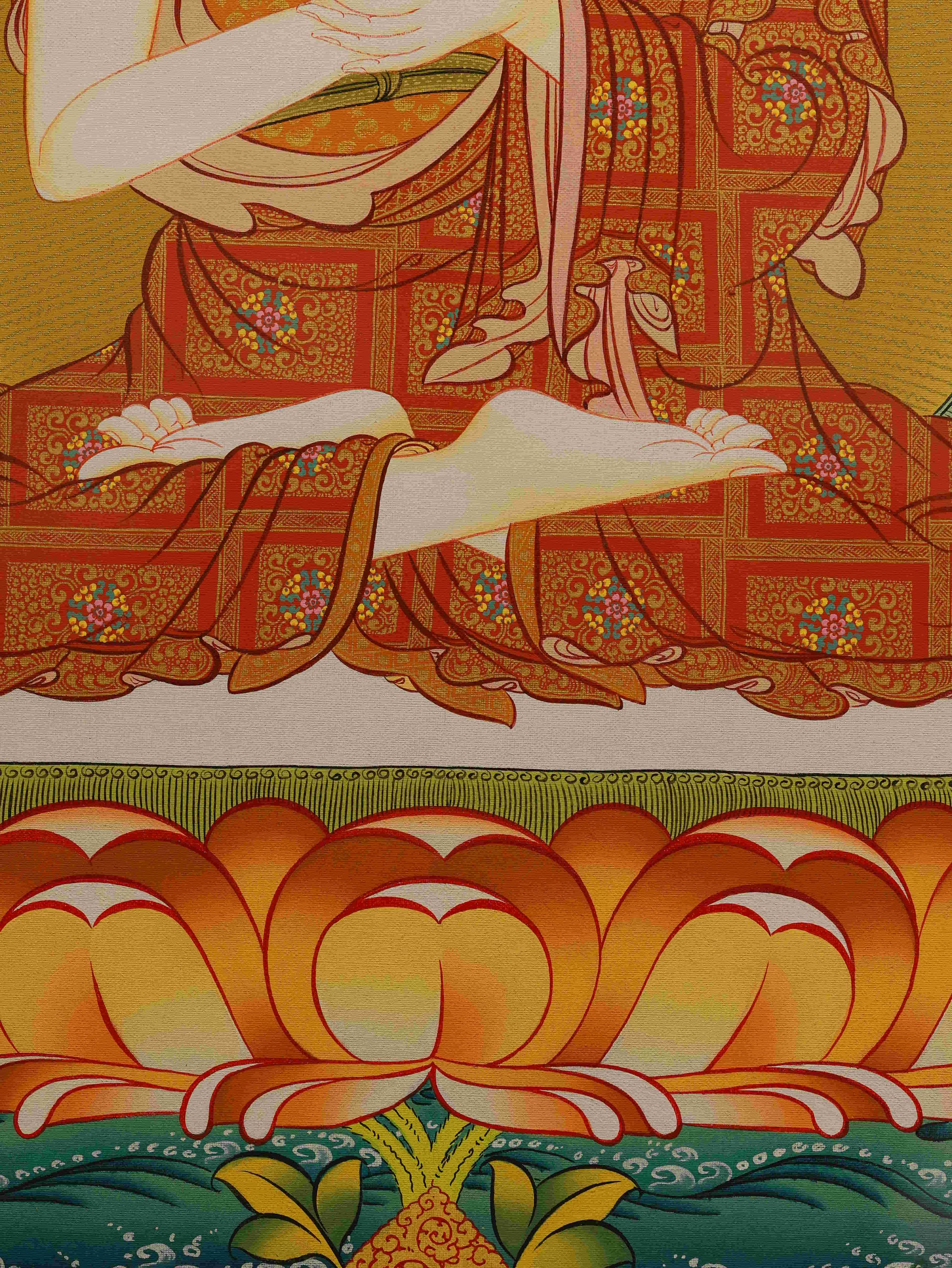 Classic Tibetan Thangka painting of Shakyamuni Buddha, handmade on canvas.
