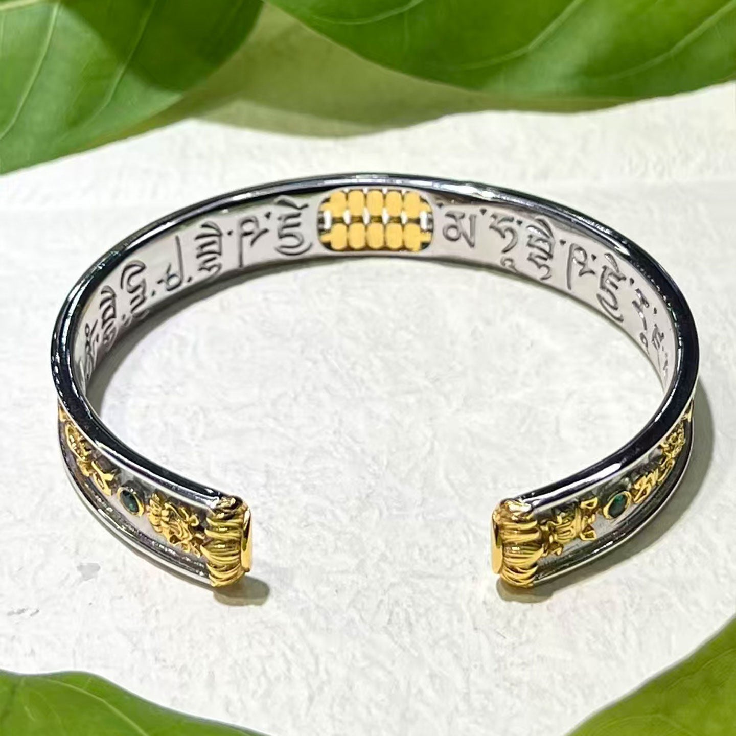 Handmade 925 sterling silver 24K gold abacus bangle with Eight Auspicious Symbols, a core piece of Tibetan Buddhist sacrificial implements culture for wealth.