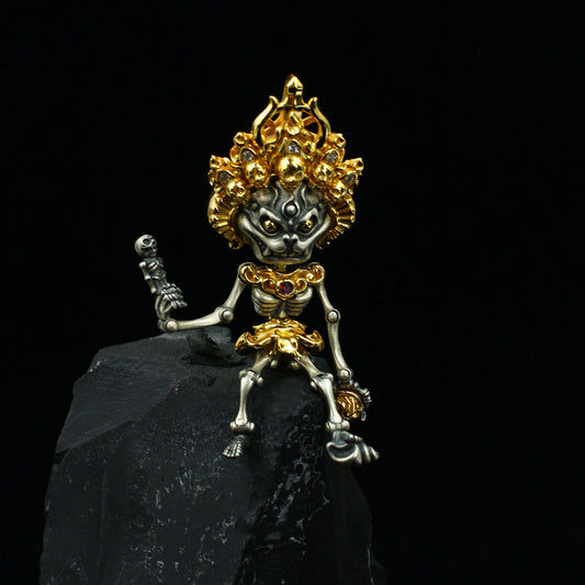 Handmade 925 sterling silver 24K gold-plated Citipati pendant, a unique piece of Tibetan Buddhist sacrificial implements culture for wisdom and protection.