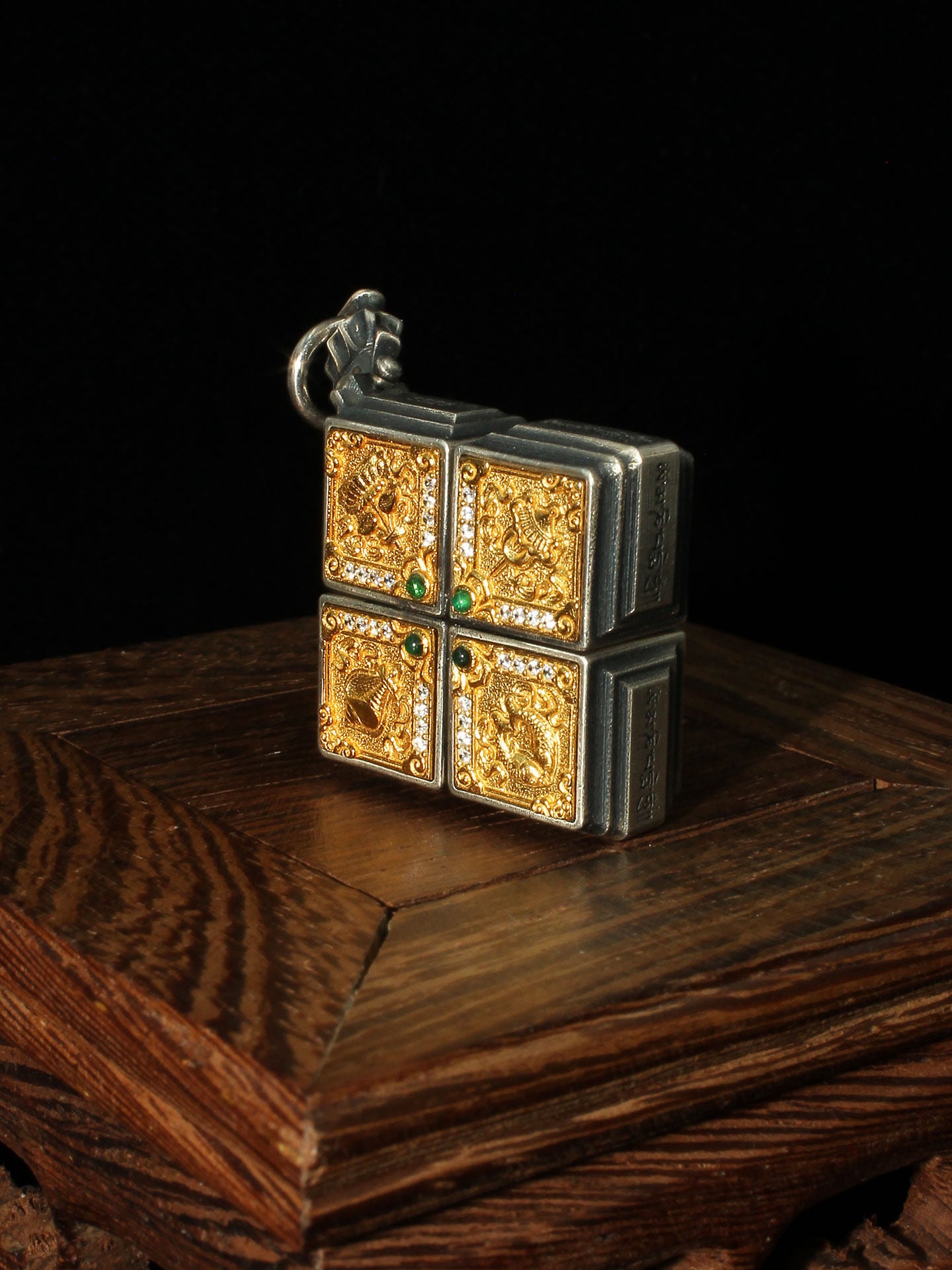 Handmade 925 sterling silver 24K gold-plated Eight Auspicious Symbols pendant, a core piece of Tibetan Buddhist sacrificial implements culture for all-around luck.