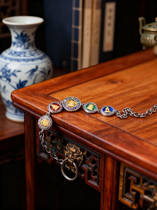 Handmade 925 sterling silver bracelet with 24K gold plating, featuring the Five Wealth Gods (Jambhalas), a core piece of Tibetan Buddhist sacrificial implements culture.